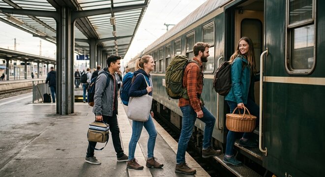 Friends boarding a regional train with backpacks and picnic bags