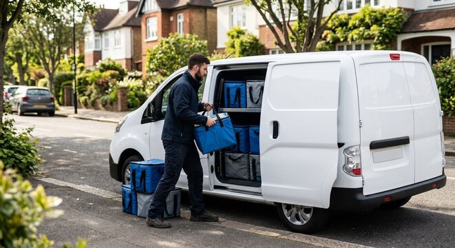 Delivery driver loading insulated grocery totes into an electric van