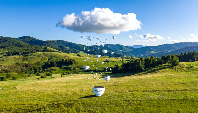 A whimsical cloud showers tiny giggling teacups over a lush green meadow under a bright blue sky