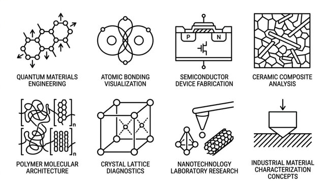 Collection of Scientific and Engineering Icons Representing Research and Technology.