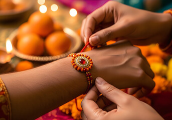 A sisters caring hands tie a beautiful rakhi bracelet onto her brothers wrist during a cherished festive celebration with sweets and lights
