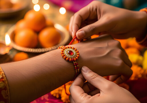 A sisters caring hands tie a beautiful rakhi bracelet onto her brothers wrist during a cherished festive celebration with sweets and lights