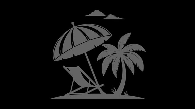 Tropical beach scene featuring a relaxing lounge chair under a sun umbrella next to a swaying palm tree with clouds in the sky appearing in a smooth high quality motion sequence