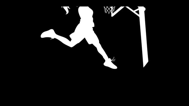 Female basketball player jumping high to slam dunk a ball into the hoop during a competitive match showing dynamic athletic motion in this high quality four k video animation clip