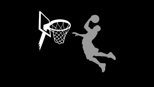 Dynamic basketball player soaring through the air to perform a powerful slam dunk into the hoop in this high quality athletic motion sequence captured for professional sports media and broadcast 
