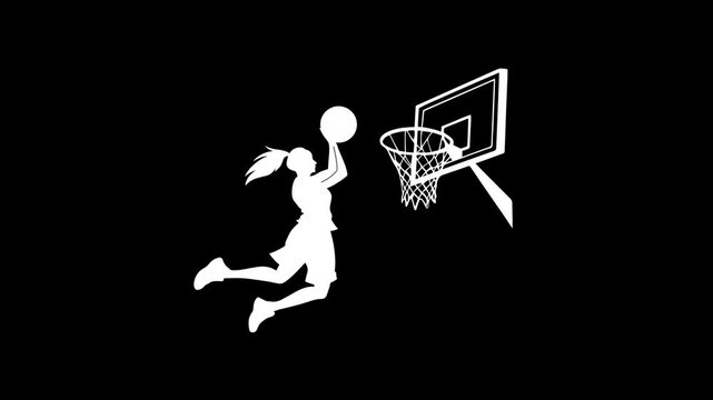 Female basketball player jumping high in the air to perform a powerful layup shot into the hoop during a fast paced athletic game presented as a smooth looping high quality animation