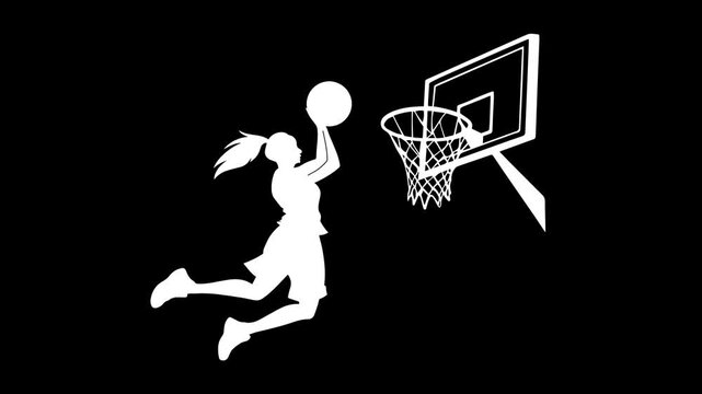 basketball player dunk silhouette animation on green screen background, athlete jumping to hoop motion graphic with chroma key backdrop, slam dunk sports icon animation for basketball video overlay