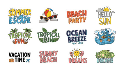Fototapeta premium Summer Vibes Collection: A vibrant assortment of graphic designs celebrating summer, including phrases like 'Summer Escape', 'Beach Party', 'Hello Sun', 'Tropical Fun', 'Ocean Breeze'.