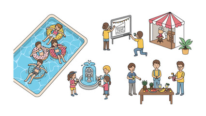 Fototapeta premium Summer Fun Compilation: A vibrant collection of illustrations depicting various leisure activities, including swimming in a pool, celebrating at a fair, and enjoying a picnic.