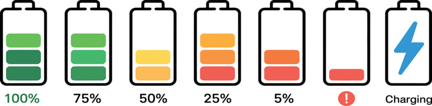 Battery level icons showing different percentage charges and charging state