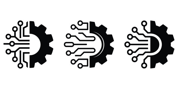 Three variations of gear icons merged with circuit board patterns for industrial tech design.