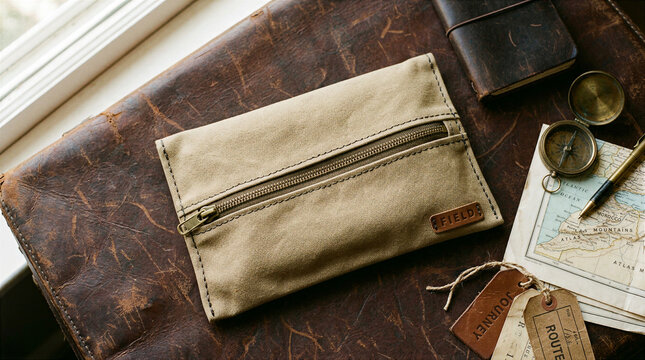 Khaki canvas zippered pouch on vintage leather suitcase with antique map compass and travel accessories.