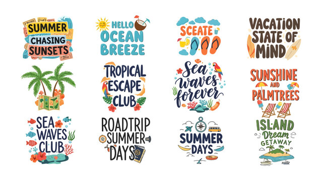 Summer Vibes Collection: A vibrant assortment of hand-drawn typography designs celebrating the essence of summer, featuring tropical motifs, beach elements, and uplifting phrases.