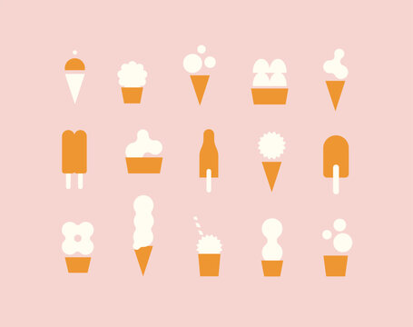 Sweet ice cream different styles and shapes modern icons set drawing with white and orange on pink background