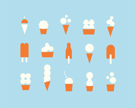 Sweet ice cream different styles and shapes modern icons set drawing with white and orange on blue background