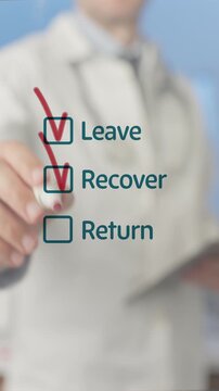 Medical professional checking a list with a red marker on a transparent screen, ticking off the stages of leave, recovery, and return, signifying a patient's successful healing process
