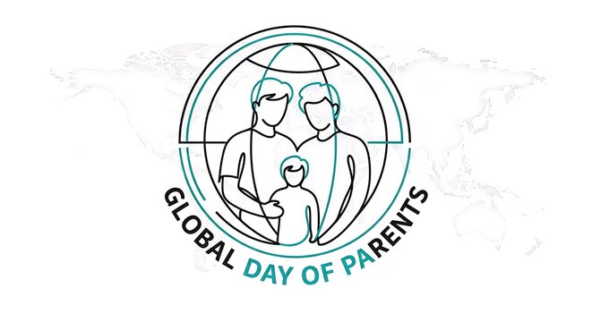 Global Day of Parents line art illustration featuring a family silhouette with world map background in a minimalist circular emblem style