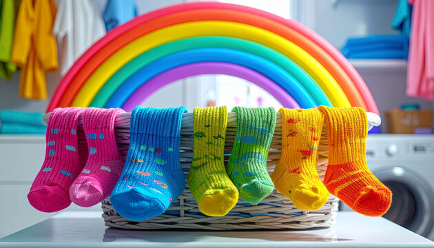 A vibrant collection of patterned children's socks displayed in a basket beneath a rainbow arch