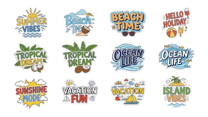 Summer Vacation Collection: A vibrant assortment of twelve distinct graphic designs celebrating the essence of summer, holidays, beach, and tropical vacations, perfect for your creative projects. © Rahimatul