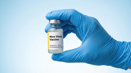 Naklejka premium Closeup of a hand in a blue medical glove holding a vial labeled noro virus vaccine