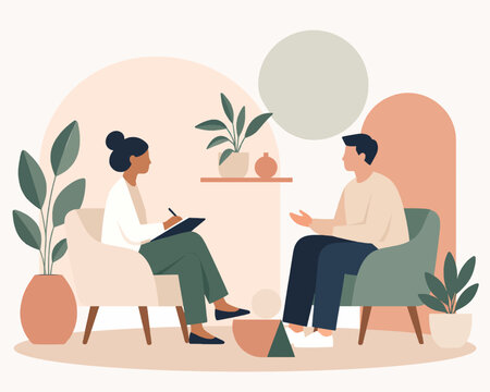 Professional mental health counselor providing support and guidance, therapeutic relationship and professional mental health care concept, flat illustration