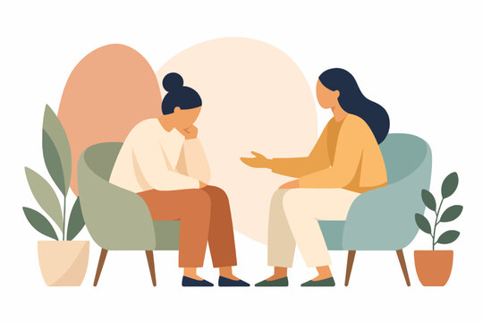 Professional therapy and counseling support session with therapeutic relationship, mental health treatment and professional care concept, flat illustration