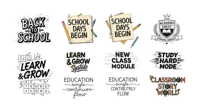 Education and Learning Graphics: A collection of vintage-style graphic elements and typography designs celebrating the return to school, learning, and education.