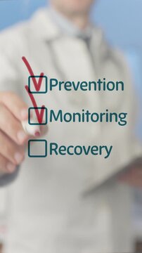 Medical doctor using a red marker to check off prevention, monitoring, and recovery on a digital checklist, highlighting a comprehensive healthcare plan and successful patient treatment