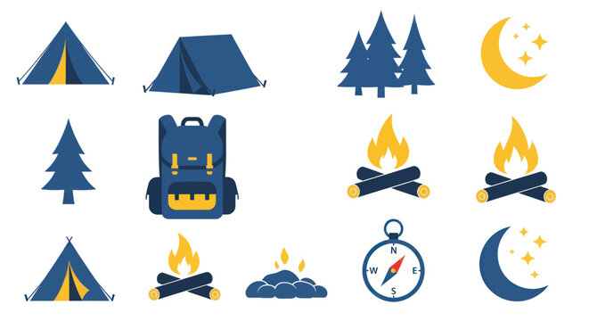 Camping Icons Set: Tents, Backpack, Campfire, Trees, Moon, Stars, Compass