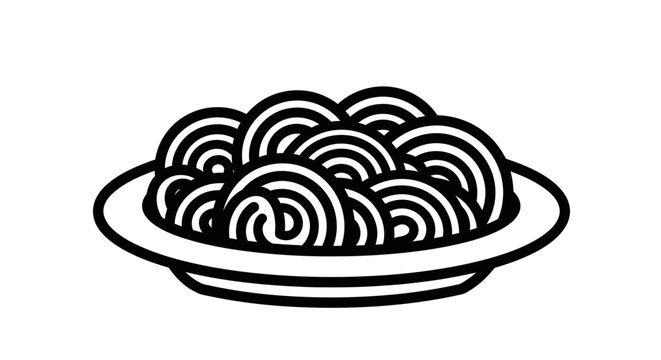 Black and white spaghetti illustration on a white plate for culinary concepts