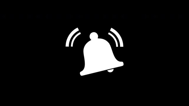 White ringing bell icon animation for notification alerts and alarm signals on a black background with alpha channel for video editing and motion graphics projects