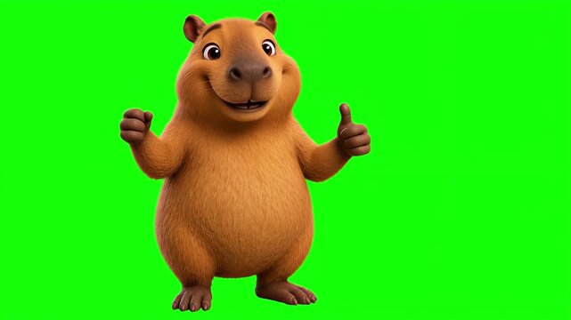 3D animated capybara character talking and giving a thumbs up, happy comic mascot isolated on chroma key green screen background
