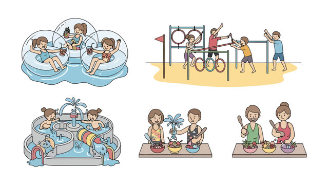 Summer Activities Collage: A vibrant illustration showcasing diverse summer leisure activities, including poolside relaxation, an outdoor gym, a hot tub, and preparing food.