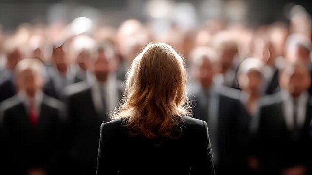 Female diversity. Human rights, equal opportunity concept. A dramatic, lowkey photograph captures a woman with long, wavy blonde hair standing in the foreground, facing away from the viewer.