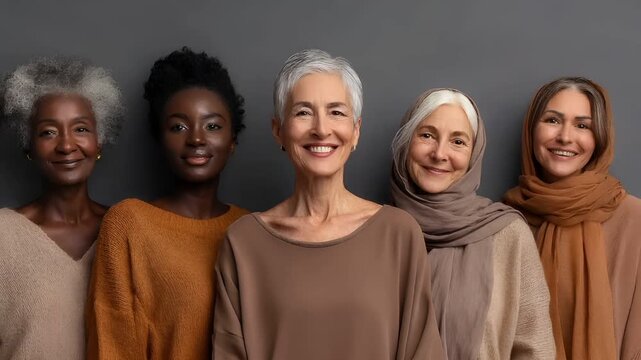 Female diversity. Human rights, equal opportunity concept. A portrait of five women, each with distinct skin tones and hairstyles, is set against a muted gray background.