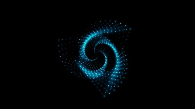 A rotating isosceles blue neon 3D triangle composed of small, alternately glowing dots isolated on a black background. Sacred geometry. 4K loop animation at 60 fps.