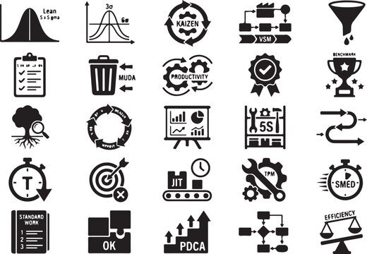 Set of lean manufacturing and process improvement icons for business management Vector