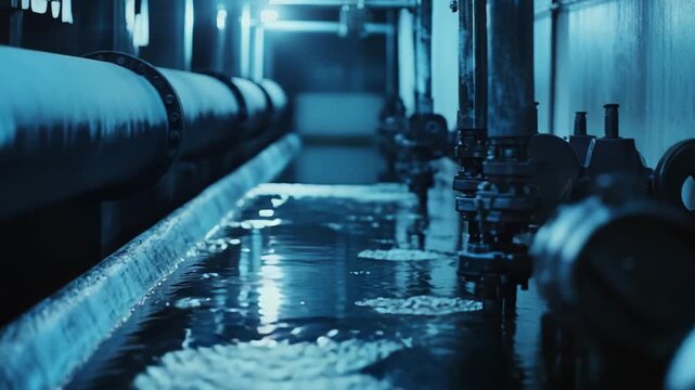 Water continuously flowing and bubbling along a narrow trough, reflecting blue light, with numerous metal pipes and valves lining the wall of an active industrial processing plant