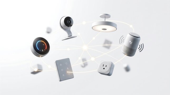 Abstract smart home network with connected devices on white background