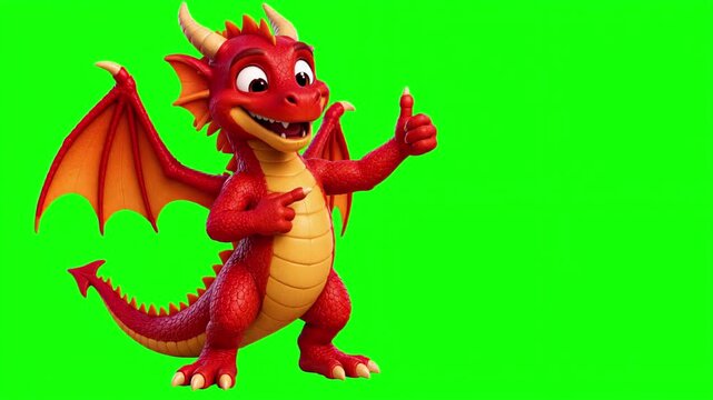 3D animated dragon character talking and giving a thumbs up, happy comic mascot isolated on chroma key green screen background