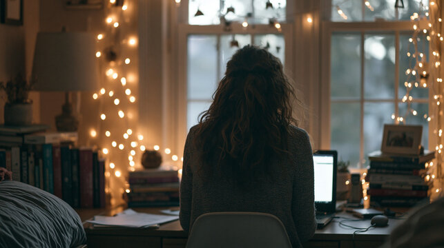 College student using laptop in cozy dorm room with study atmosphere, online learning, and back to school concept