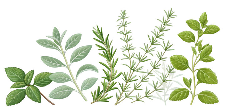 Assorted herb branches and leaves vector illustration on transparent background