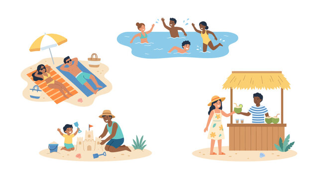 Summer Beach Montage: A vibrant collection of scenes captures the essence of summer vacation &ndash; sunbathing on the beach, swimming in the ocean, building sandcastles.