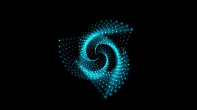 A rotating isosceles blue neon 3D triangle composed of small, alternately glowing dots isolated on a black background. Sacred geometry. 4K loop animation at 60 fps.