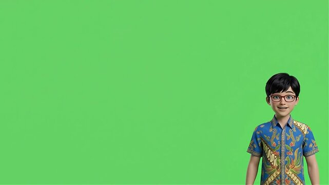 Animated Young Man in Batik Shirt Presenting on Green Screen for Explainers