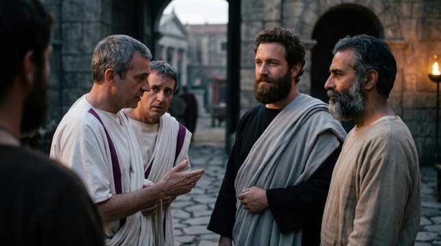 Roman officials and men in ancient clothes talking on city street. Biblical scene of Paul and Silas in Phillipi. Historical religious narrative from Acts of the Apostles in Bible.