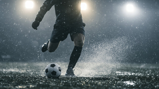 Football player kicking soccer ball on wet field in dramatic rain during competitive night sports match