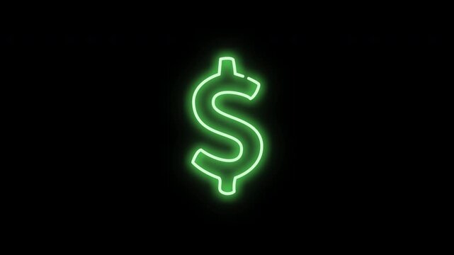 4K Neon Sign Dollar Icon Glowing on Black Background, Animated Money Symbol Bright Green Light, Financial and Wealth Concept