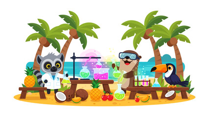 Tropical Science Experiment: A lemur and an otter, dressed as scientists, conduct a colorful experiment on a tropical beach, with palm trees and a toucan looking on. © FARHANA