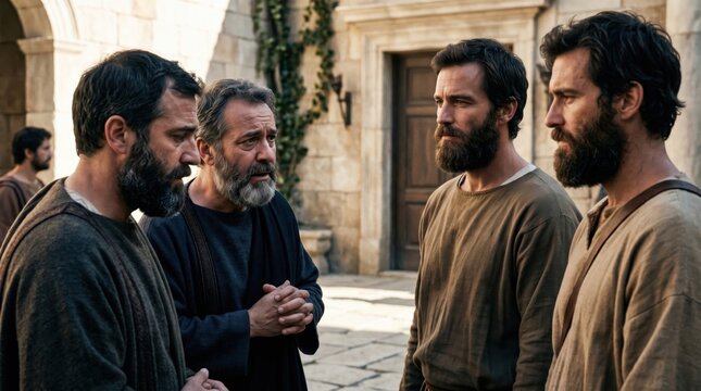 Apostle Paul and Silas talk with a Roman jailer after the prison earthquake. Biblical scene from Acts of the apostles depicting early Christian history and faith in ancient Rome.